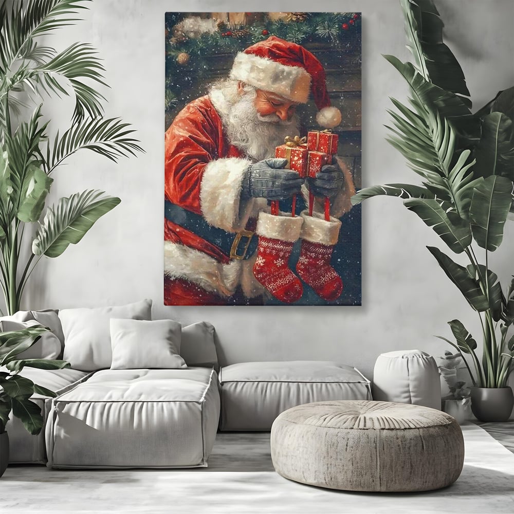 Tablou canvas cu ilustratie cu mos craciun tinand cadouri, fara rama, pe sasiu de lemn, pe perete intr-un living